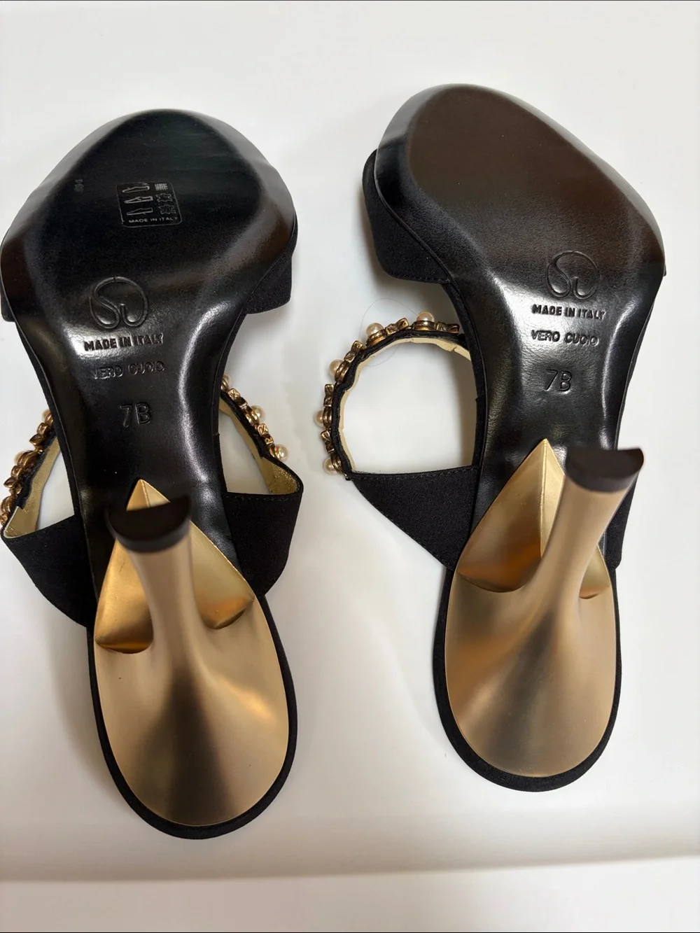 St. John Black Heeled Sandals with Pearl and Gold Accents